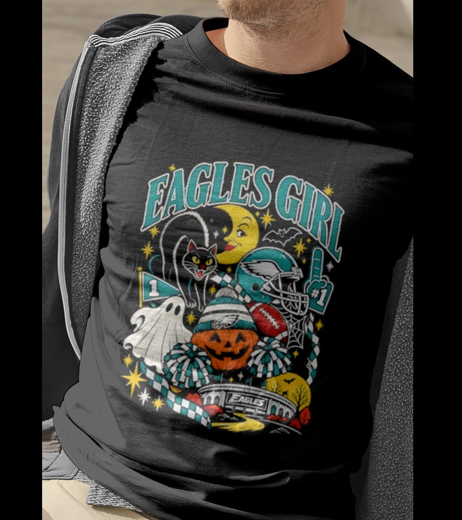 Eagles Girl Halloween Football Moon Cat Pumpkin Stadium T-Shirt