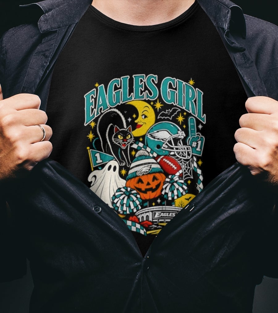 Eagles Girl Halloween Football Moon Cat Pumpkin Stadium T-Shirt