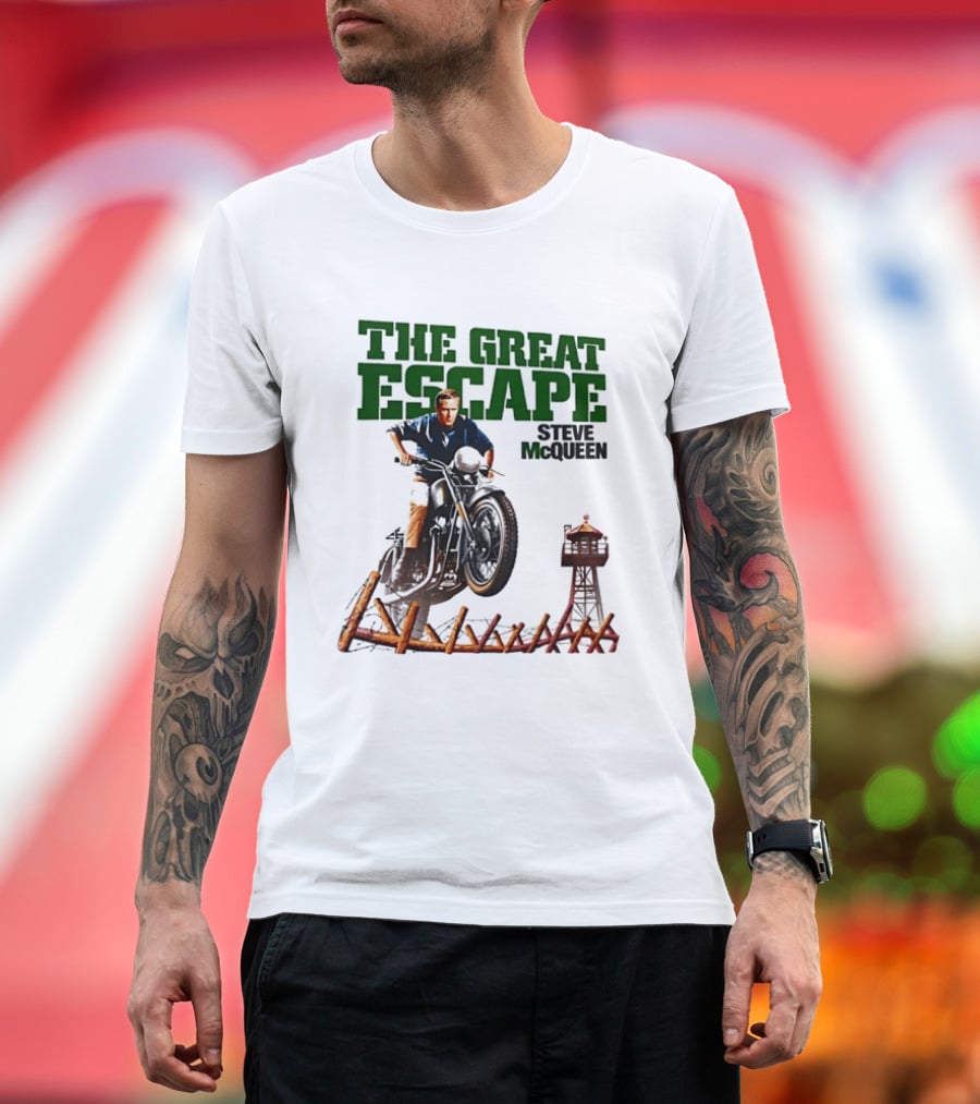 The Great Escape Steve McQueen Motorcycle Jump Classic Movie Scene T-Shirt