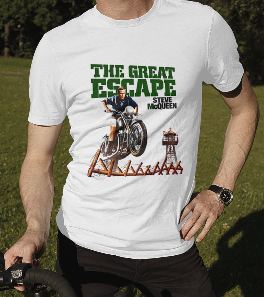 The Great Escape Steve McQueen Motorcycle Jump Classic Movie Scene T-Shirt