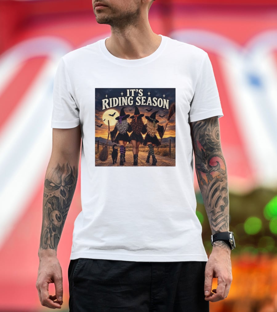 Halloween Witches With Brooms Under Full Moon And Black Cats T-Shirt