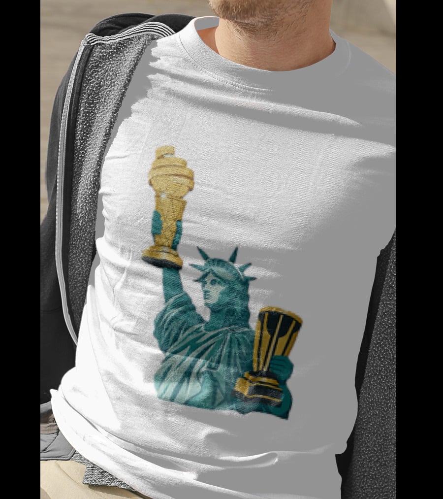 Lady Liberty Holding Dual Championship Trophies Soccer And Basketball T-Shirt