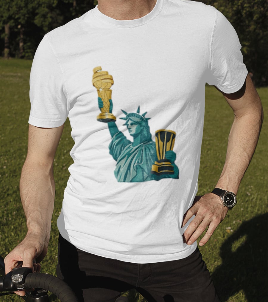 Lady Liberty Holding Dual Championship Trophies Soccer And Basketball T-Shirt