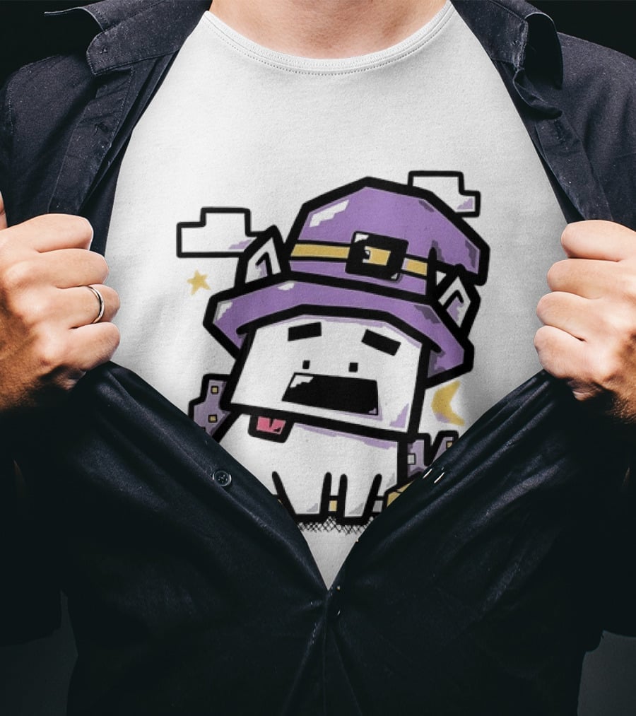 Pixel Cat Wearing Witch Hat Cute Halloween 8 Bit T-Shirt