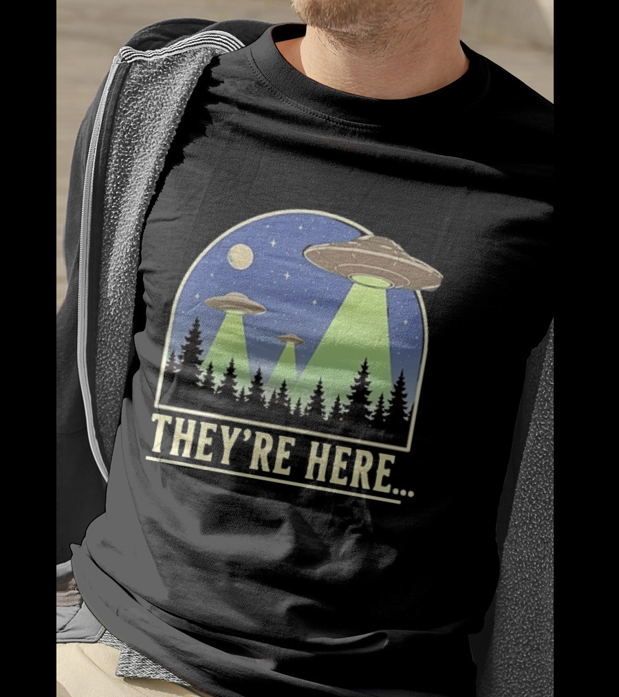 They're Here UFO Alien Abduction Night Forest Scene T-Shirt