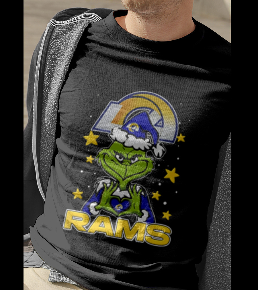 Los Angeles Rams Grinch Santa Hat Christmas Cartoon Fan Gear T-Shirt