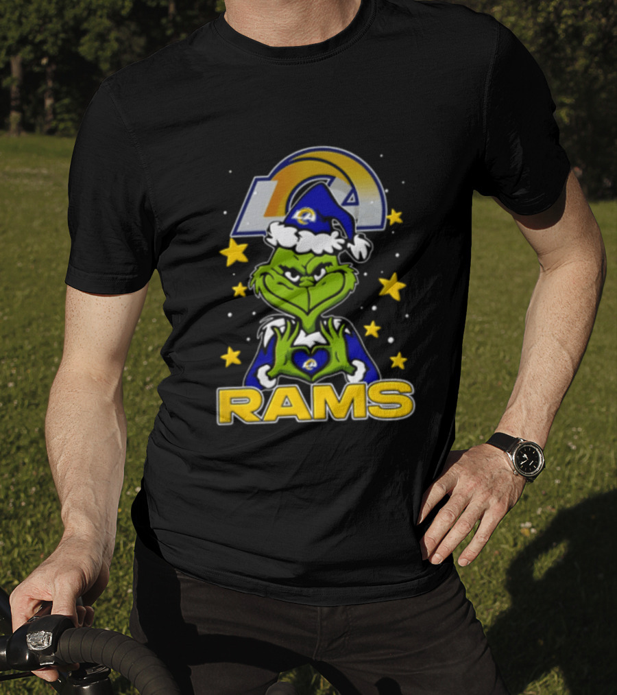 Los Angeles Rams Grinch Santa Hat Christmas Cartoon Fan Gear T-Shirt