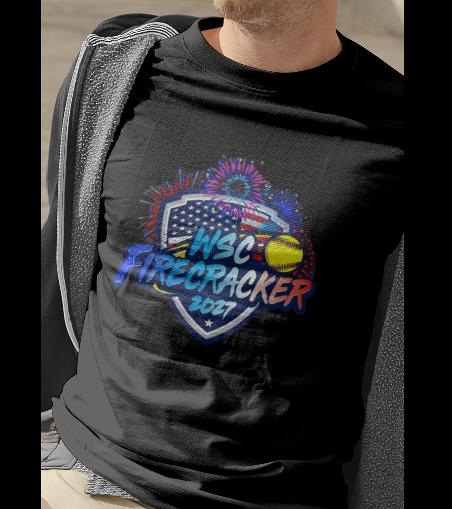 WSC Firecracker 2027 Softball Patriotic Shield Fireworks Yellow Ball Stars T-Shirt