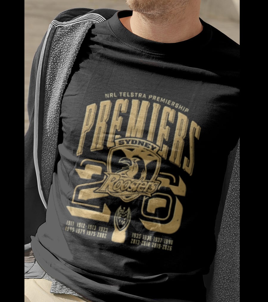 NRL Telstra Premiership Premiers Sydney Roosters 26 Champions History Roosters Gold T-Shirt