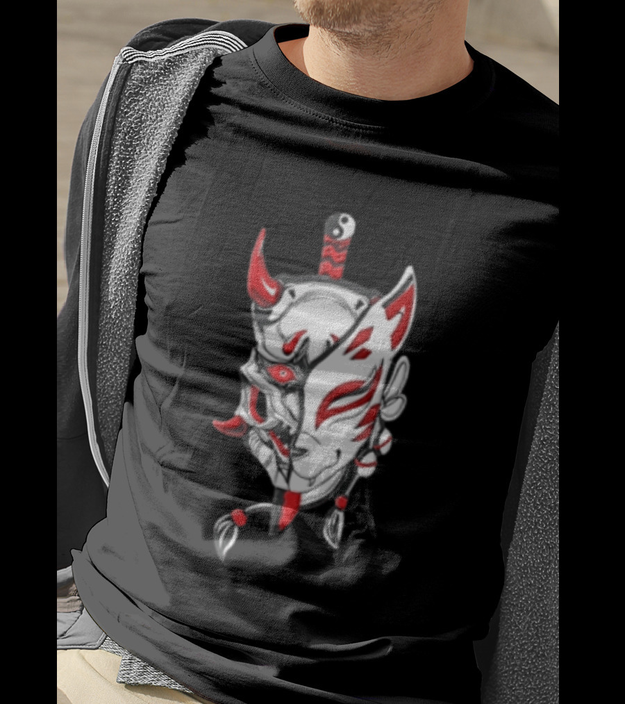 Oni Kitsune Mask Split Samurai Katana Fusion T-Shirt