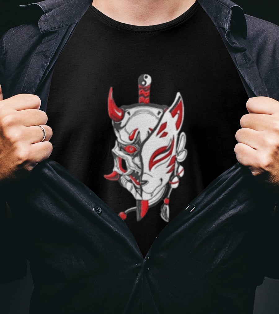 Oni Kitsune Mask Split Samurai Katana Fusion T-Shirt