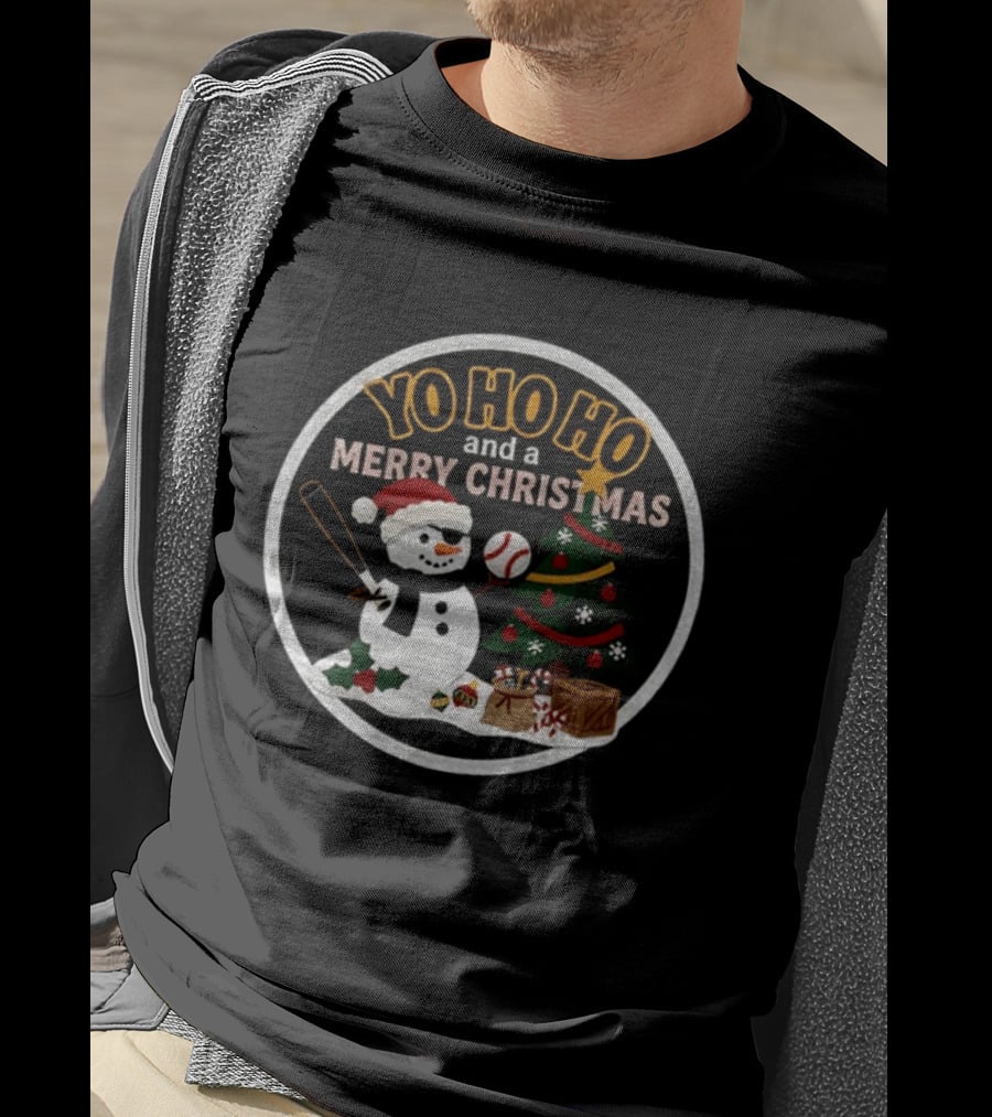 Pittsburgh Pirates Yo Ho Ho Merry Christmas Snowman With Baseball And Tree T-Shirt