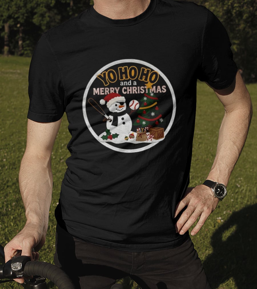 Pittsburgh Pirates Yo Ho Ho Merry Christmas Snowman With Baseball And Tree T-Shirt