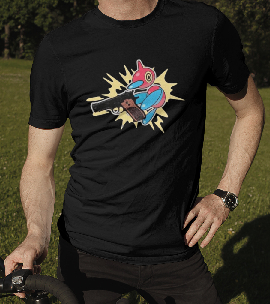 Porygon Z Holding Gun Pokemon Character Image T-Shirt