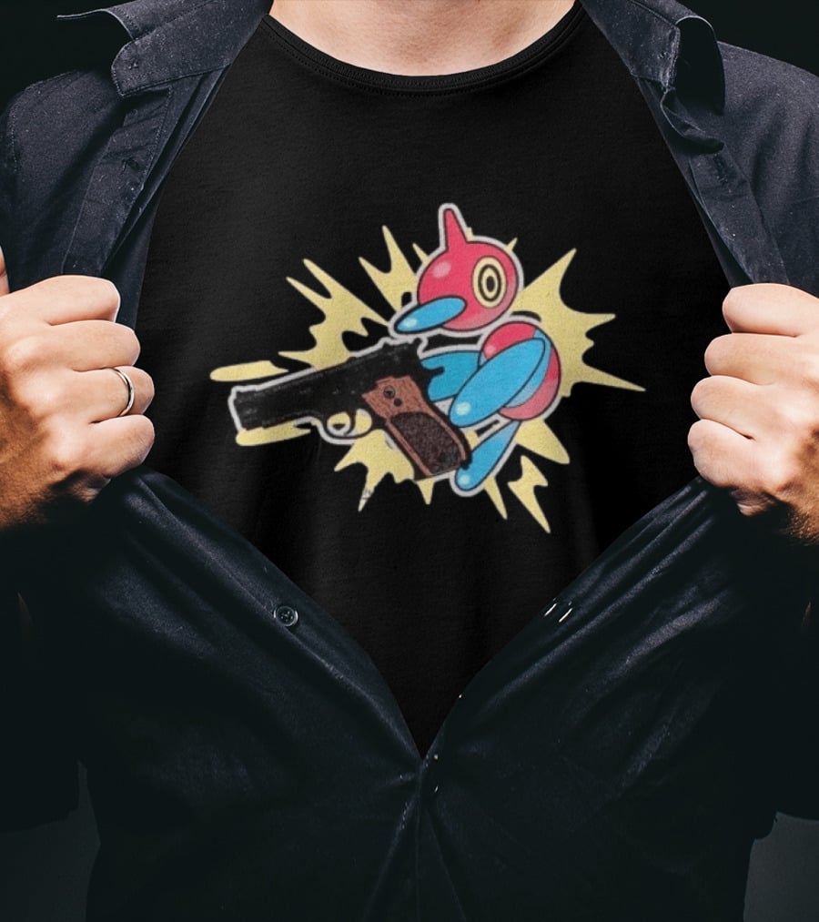 Porygon Z Holding Gun Pokemon Character Image T-Shirt