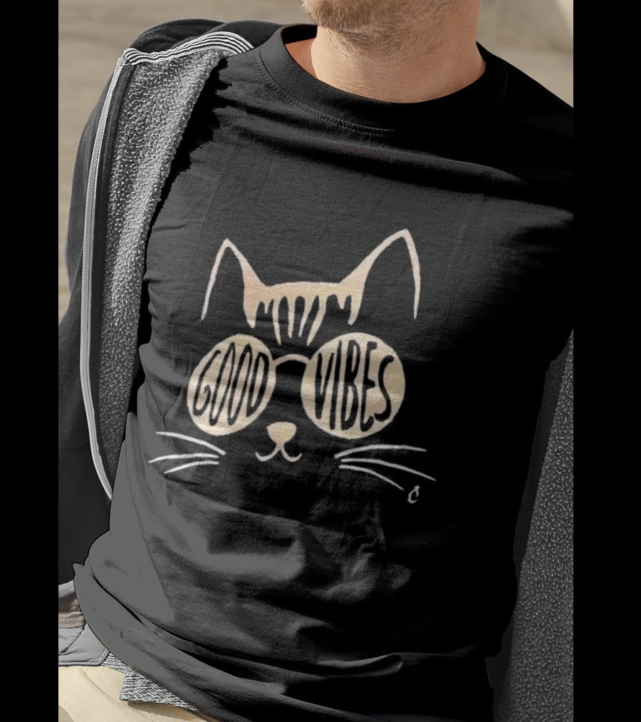 Good Vibes Cat Sunglasses Whimsical Feline T-Shirt