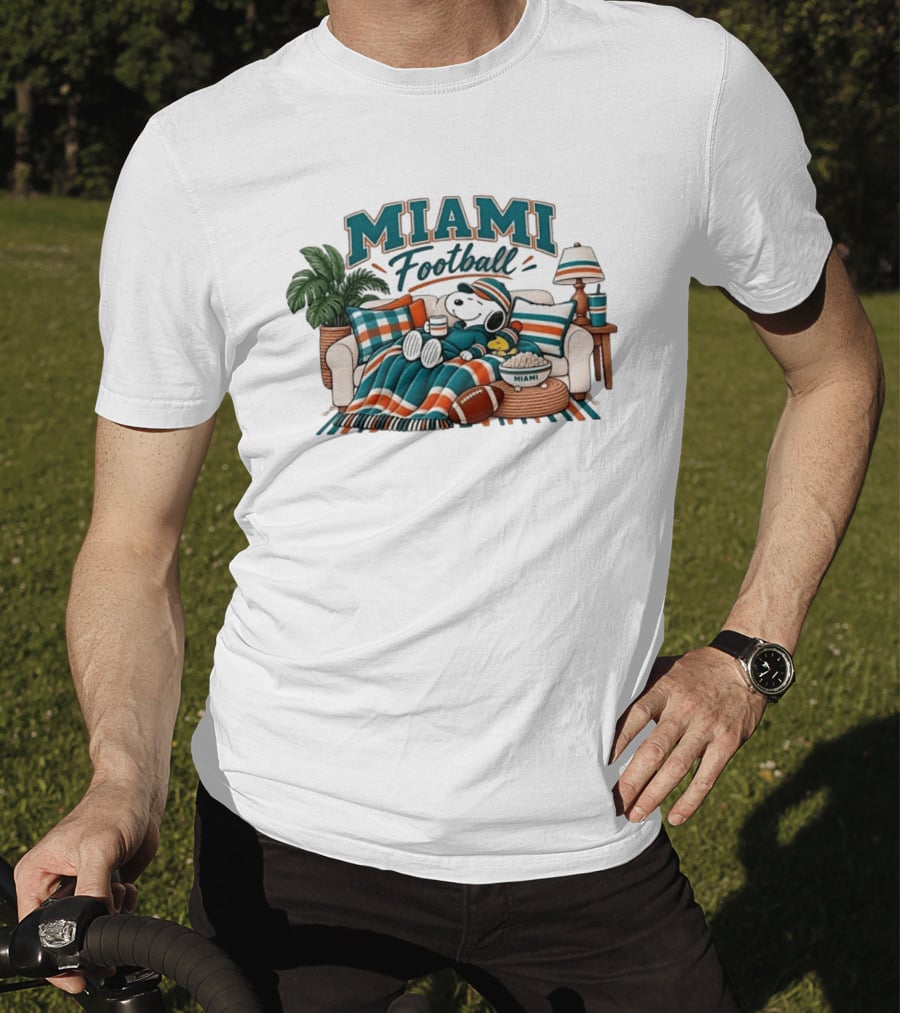 Miami Dolphins Snoopy Woodstock Couch With Miami Football T-Shirt