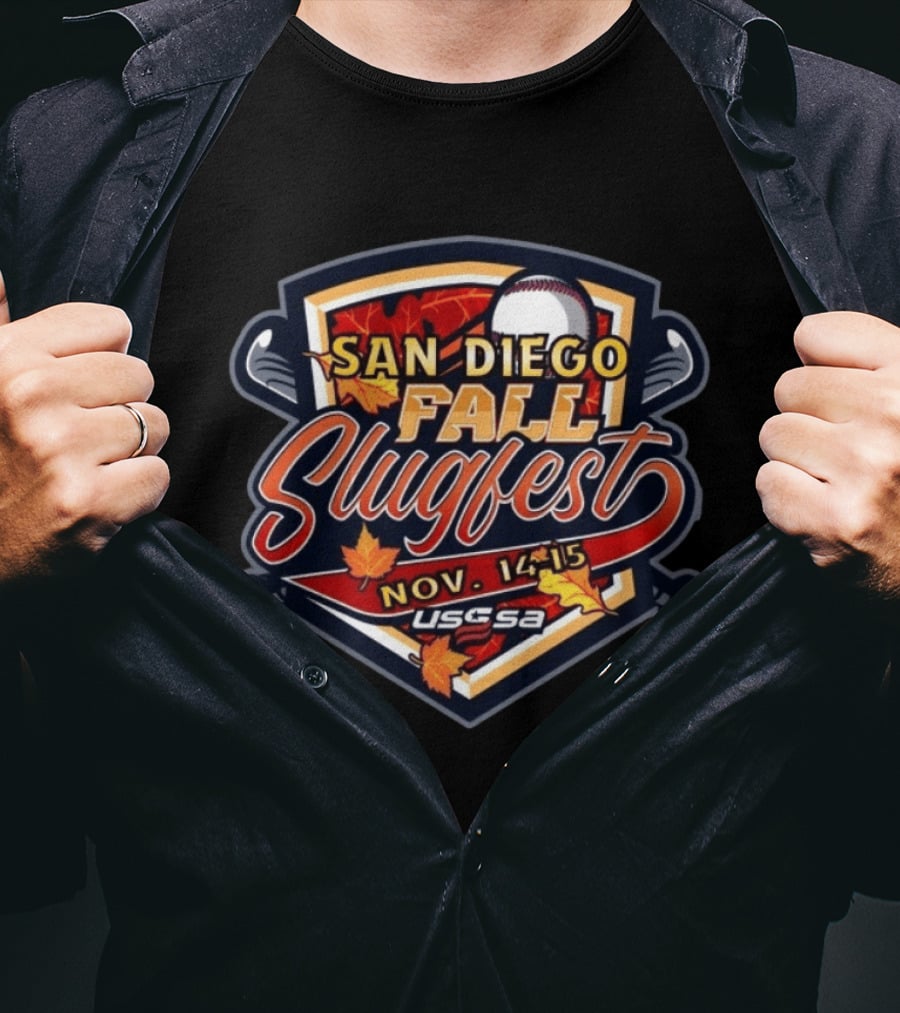 San Diego Fall Slugfest Nov 14 15 USSSA Baseball Event With Autumn Leaves And Bat T-Shirt