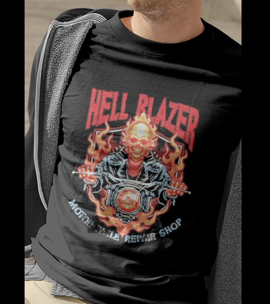 Hell Blazer Motorcycle Repair Shop Fiery Skull And Flames T-Shirt