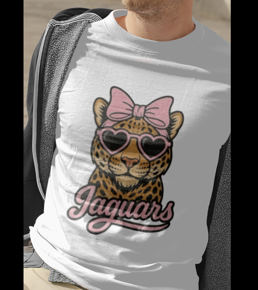 Jacksonville Jaguars Leopard Pink Bow Heart Sunglasses T-Shirt