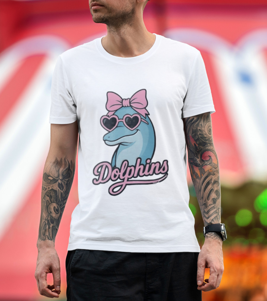 Dolphins Blue Dolphin Pink Bow Heart Sunglasses T-Shirt