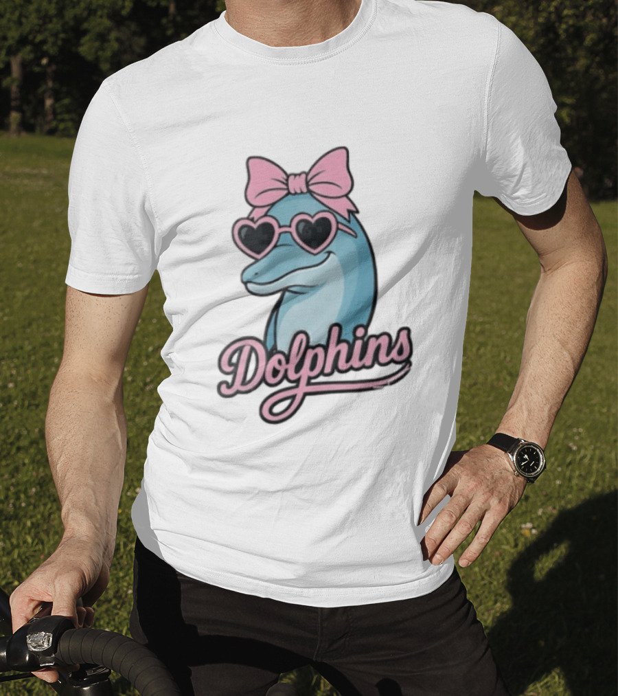 Dolphins Blue Dolphin Pink Bow Heart Sunglasses T-Shirt
