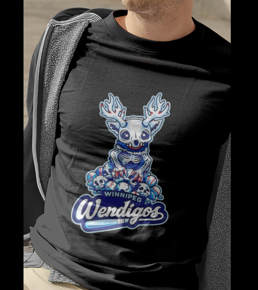 Winnipeg Wendigos Baseball Skull With Antlers And Blue Bats T-Shirt