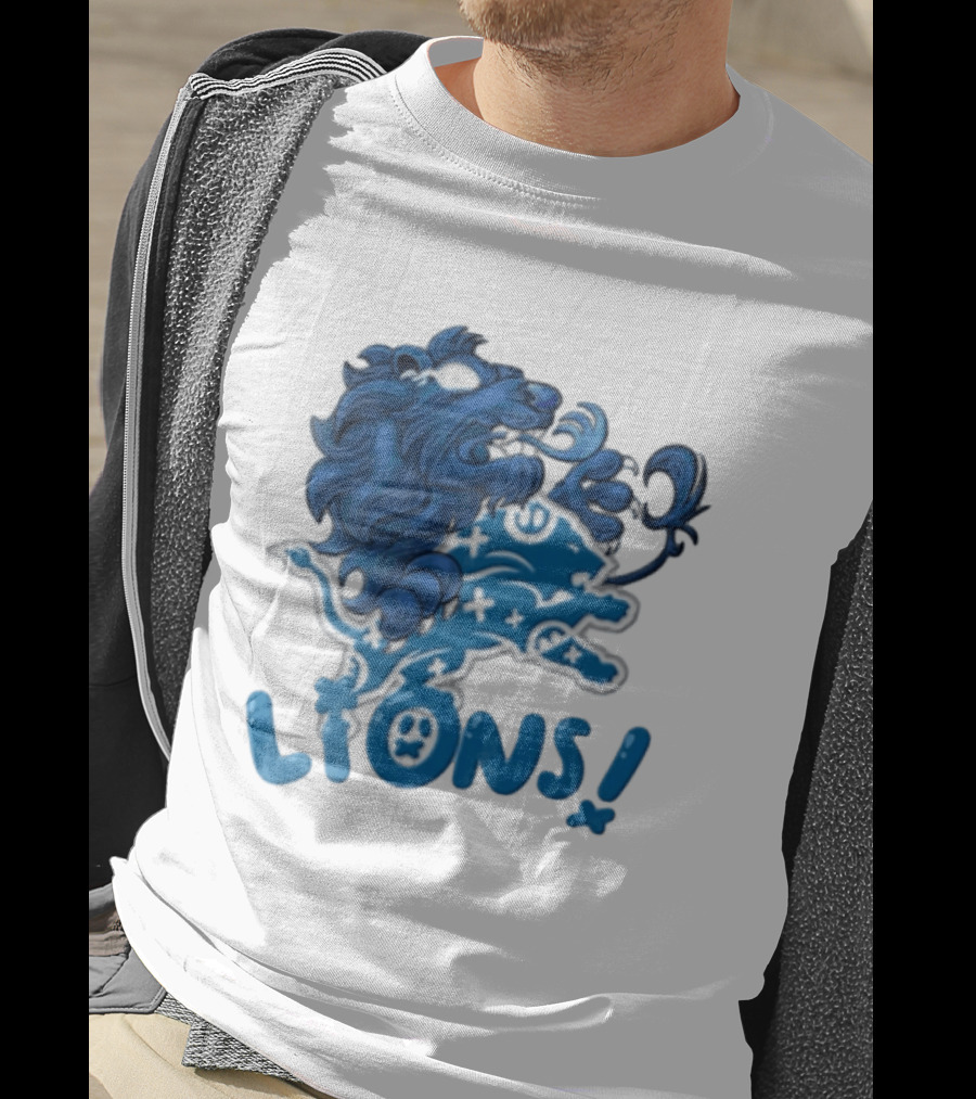 Detroit Lions Blue Lion Roaring Mascot With Playful Lettering T-Shirt