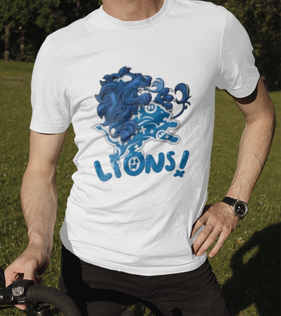 Detroit Lions Blue Lion Roaring Mascot With Playful Lettering T-Shirt