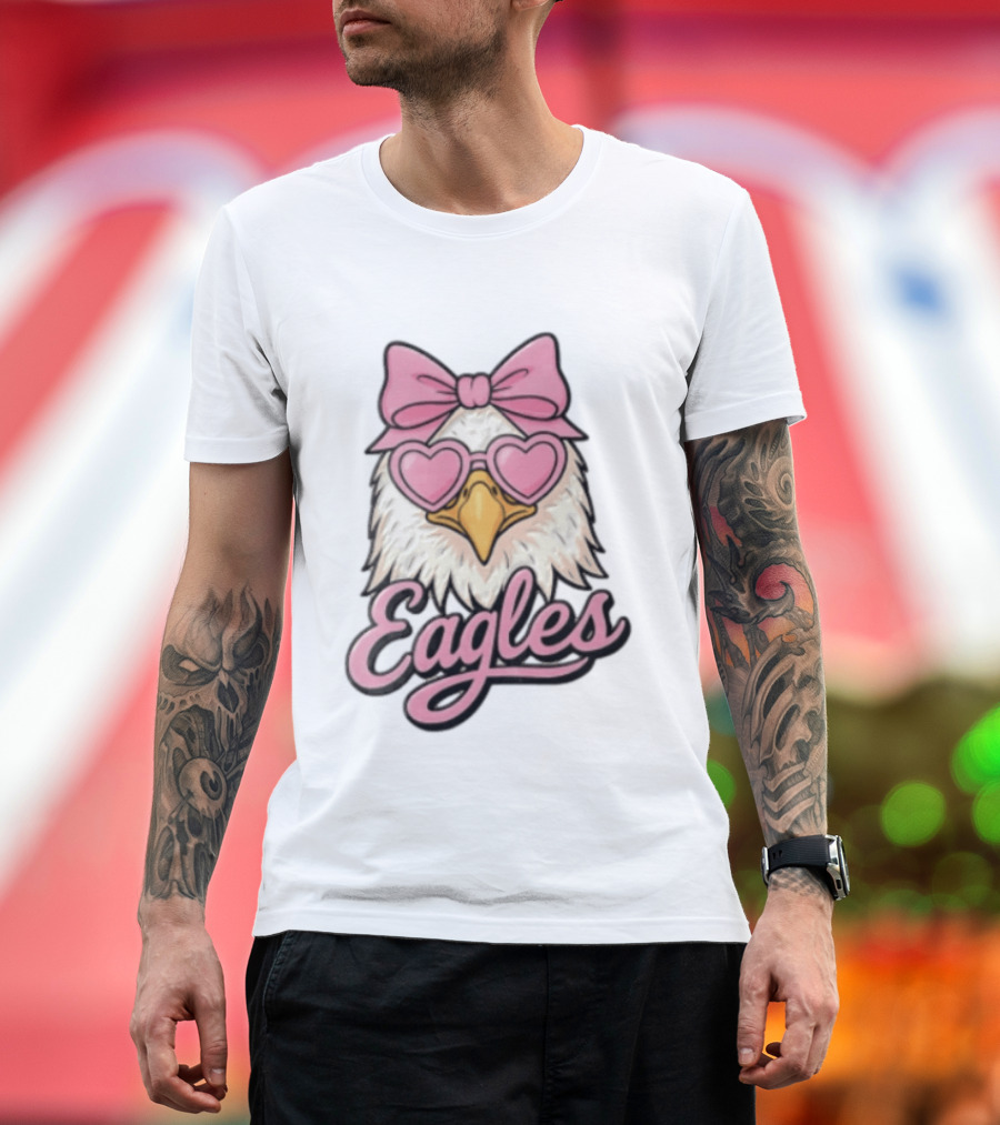 Philadelphia Eagles Cute Eagle Pink Bow Heart Sunglasses T-Shirt