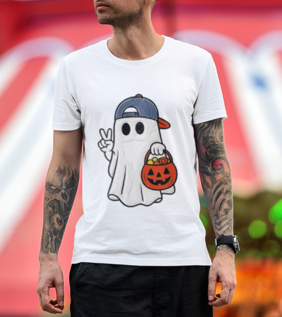 Ghost In Cap With Peace Sign Holding Pumpkin Bucket Halloween T-Shirt