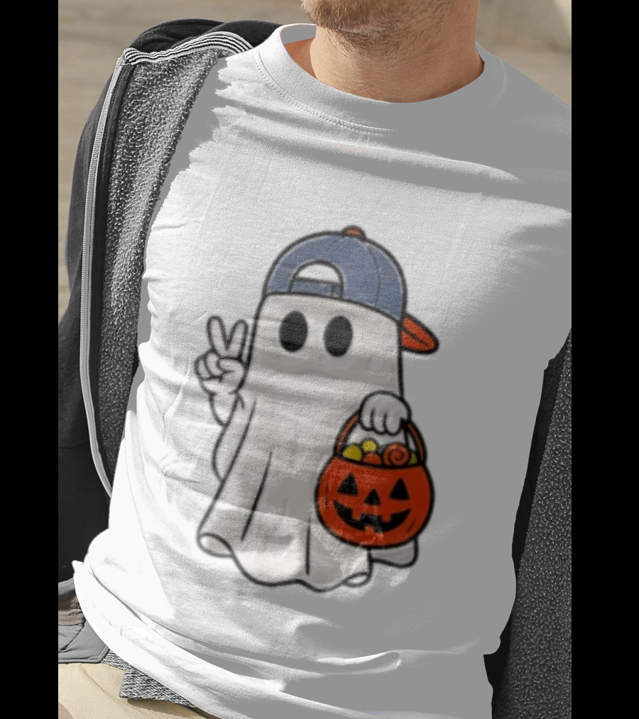 Ghost In Cap With Peace Sign Holding Pumpkin Bucket Halloween T-Shirt