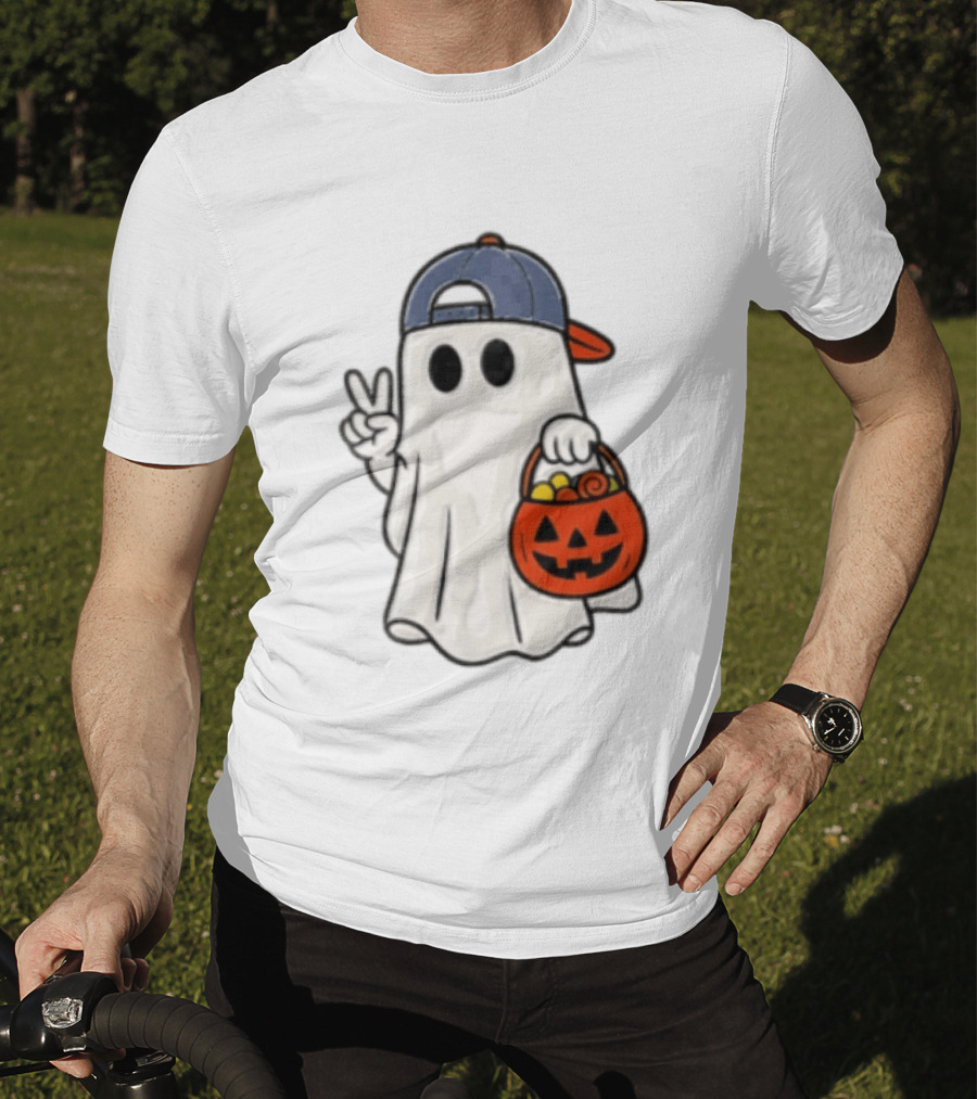 Ghost In Cap With Peace Sign Holding Pumpkin Bucket Halloween T-Shirt