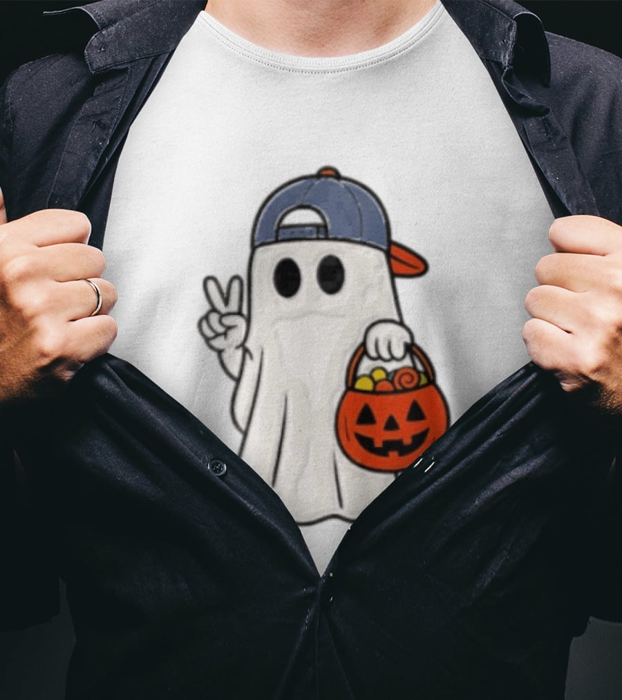 Ghost In Cap With Peace Sign Holding Pumpkin Bucket Halloween T-Shirt
