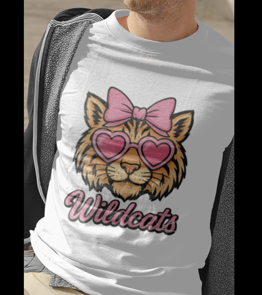 Wildcats Tiger Face Pink Bow Heart Glasses T-Shirt