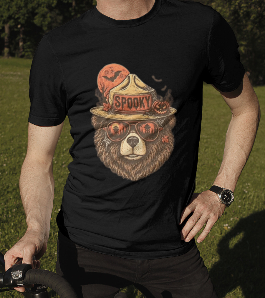 Smokey Bear Spooky Halloween Fire Lookout Forest Ranger Pumpkin Bats T-Shirt