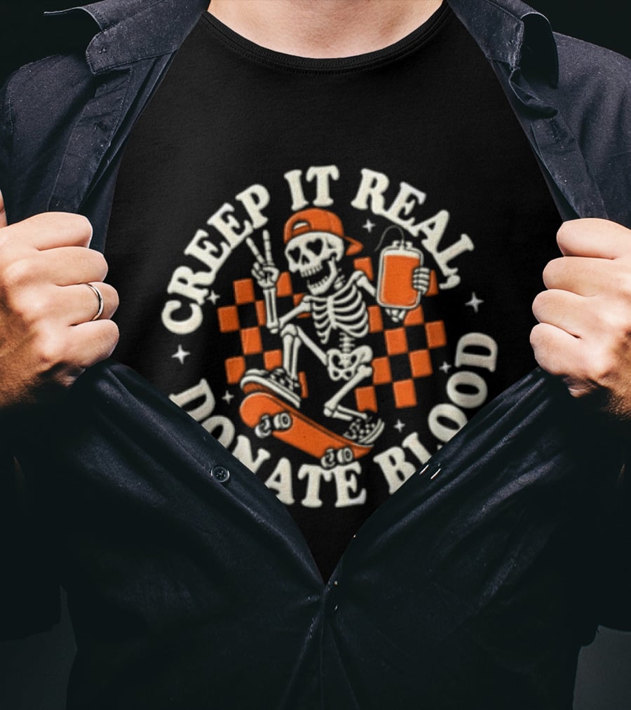 Creep It Real Donate Blood Skeleton Skateboarder Peace Sign Blood Bag T-Shirt