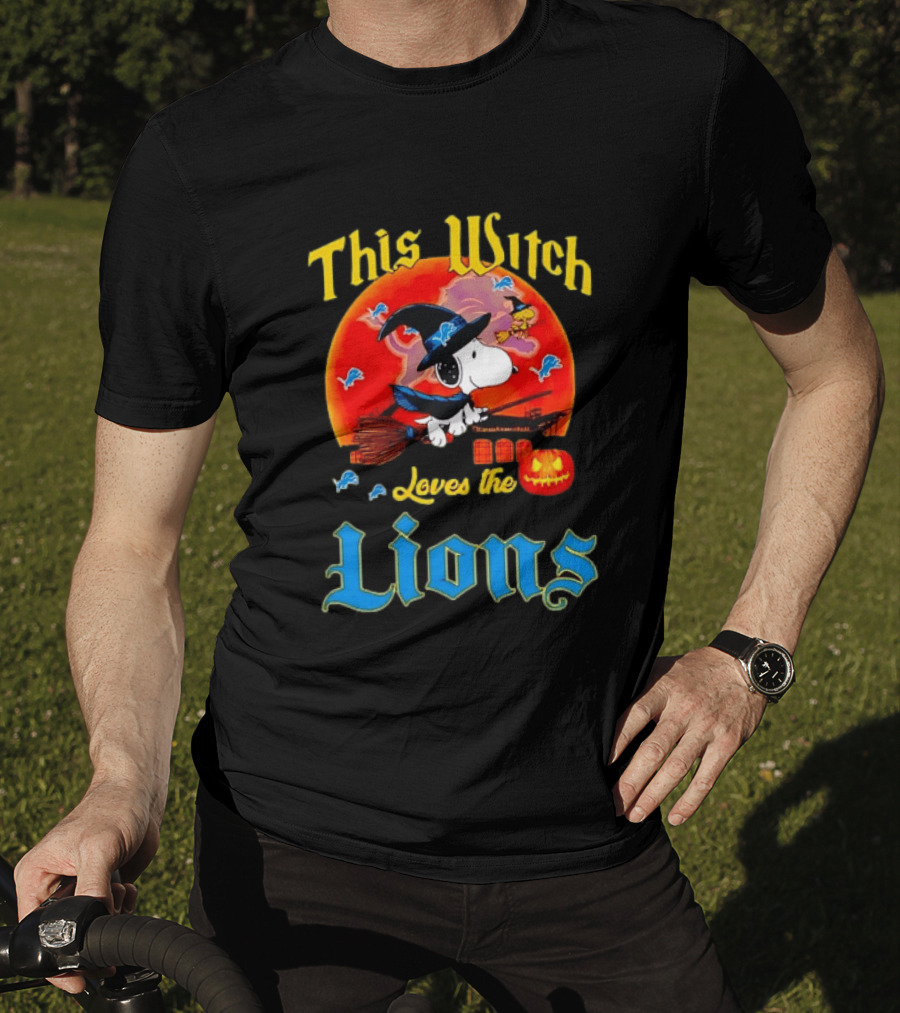 Snoopy This Witch Loves The Lions Halloween Pumpkin Broom Peanuts T-Shirt