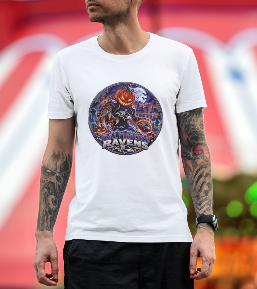 Baltimore Ravens Jack O' Lantern Halloween Football Spooky Night Ravens Stadium Skyline T-Shirt