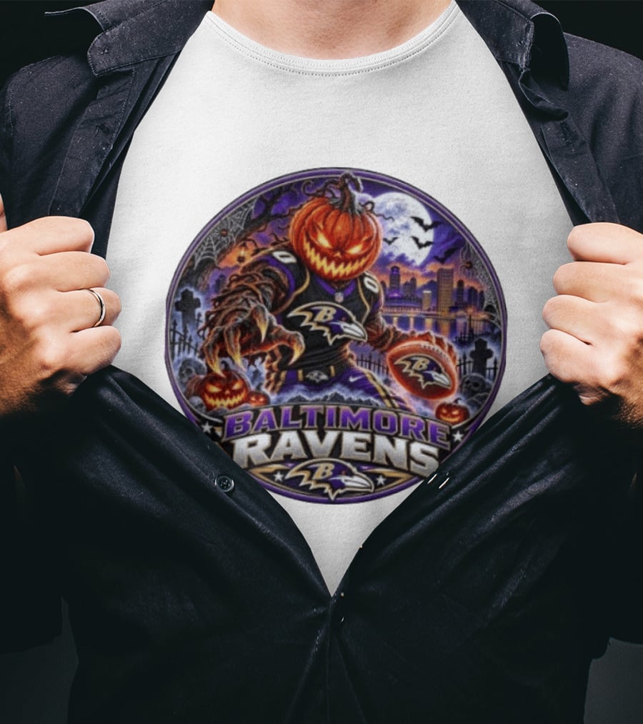 Baltimore Ravens Jack O' Lantern Halloween Football Spooky Night Ravens Stadium Skyline T-Shirt