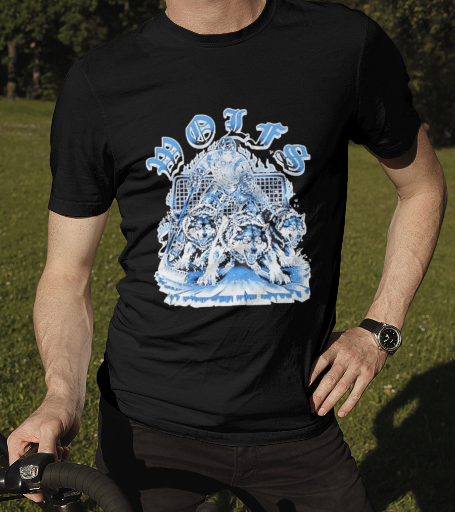 Motifs Wolf Hockey Skeleton Goalie With Three Wolves T-Shirt