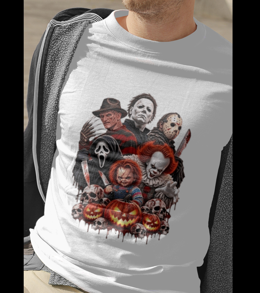 Freddy Krueger Michael Myers Jason Voorhees Ghostface Pennywise Chucky Horror Characters With Skull And Pumpkin Display T-Shirt