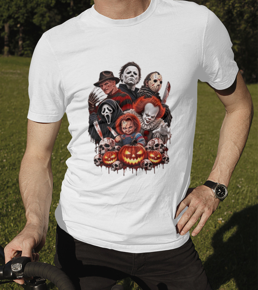 Freddy Krueger Michael Myers Jason Voorhees Ghostface Pennywise Chucky Horror Characters With Skull And Pumpkin Display T-Shirt