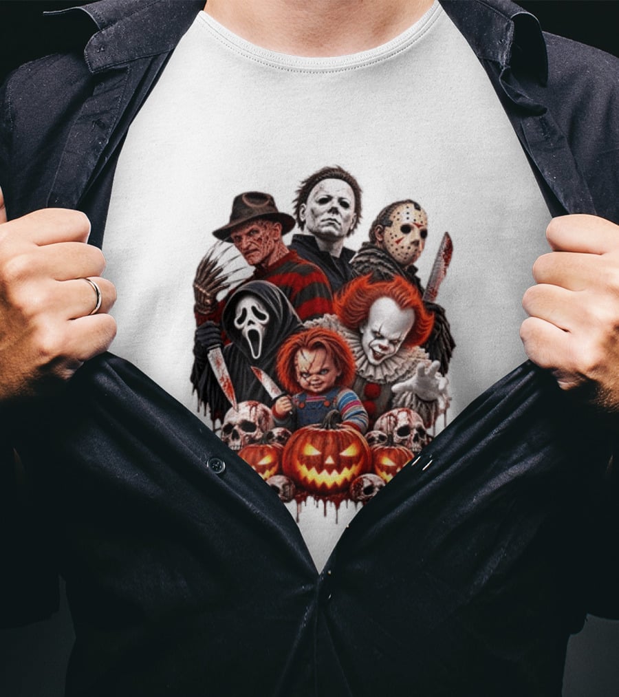 Freddy Krueger Michael Myers Jason Voorhees Ghostface Pennywise Chucky Horror Characters With Skull And Pumpkin Display T-Shirt
