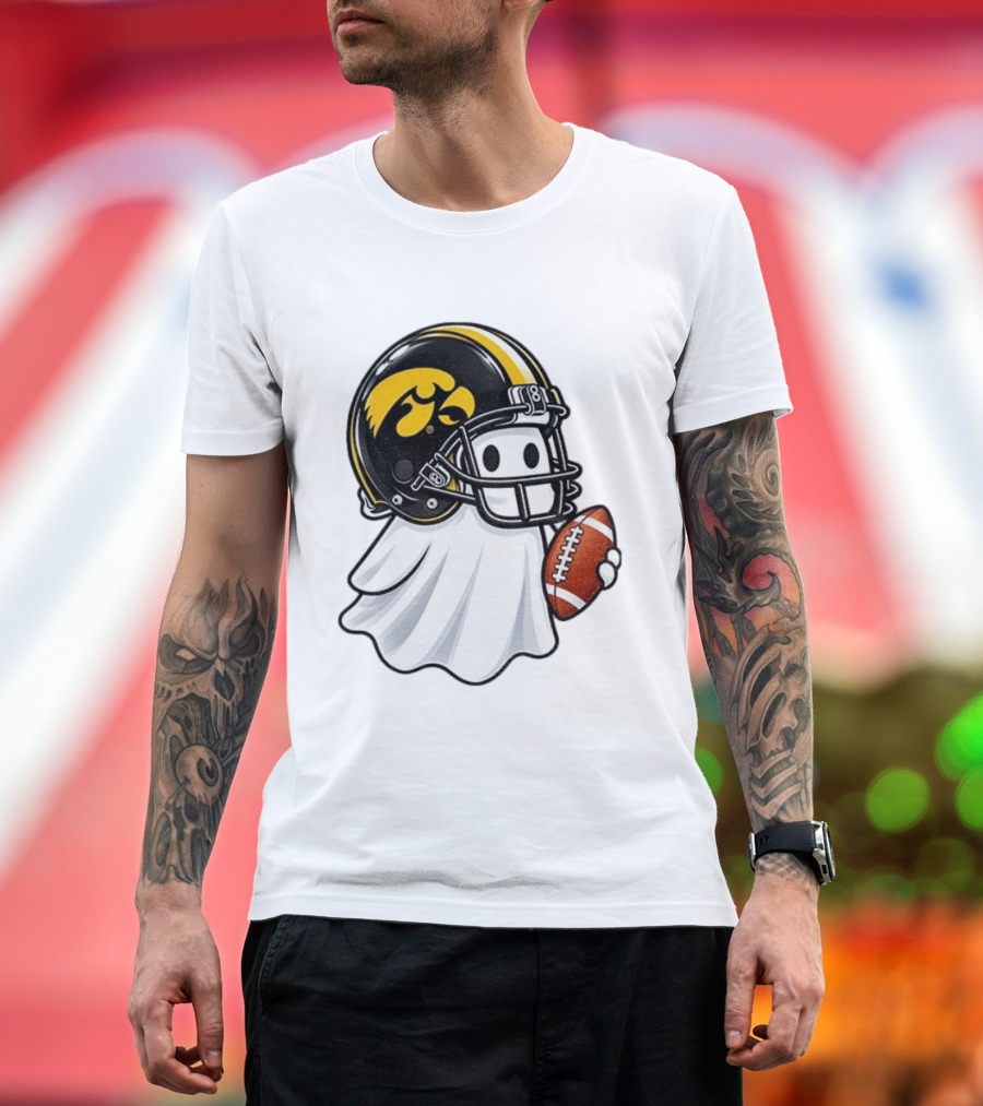 Iowa Hawkeyes Football Ghost Halloween Holding Football T-Shirt