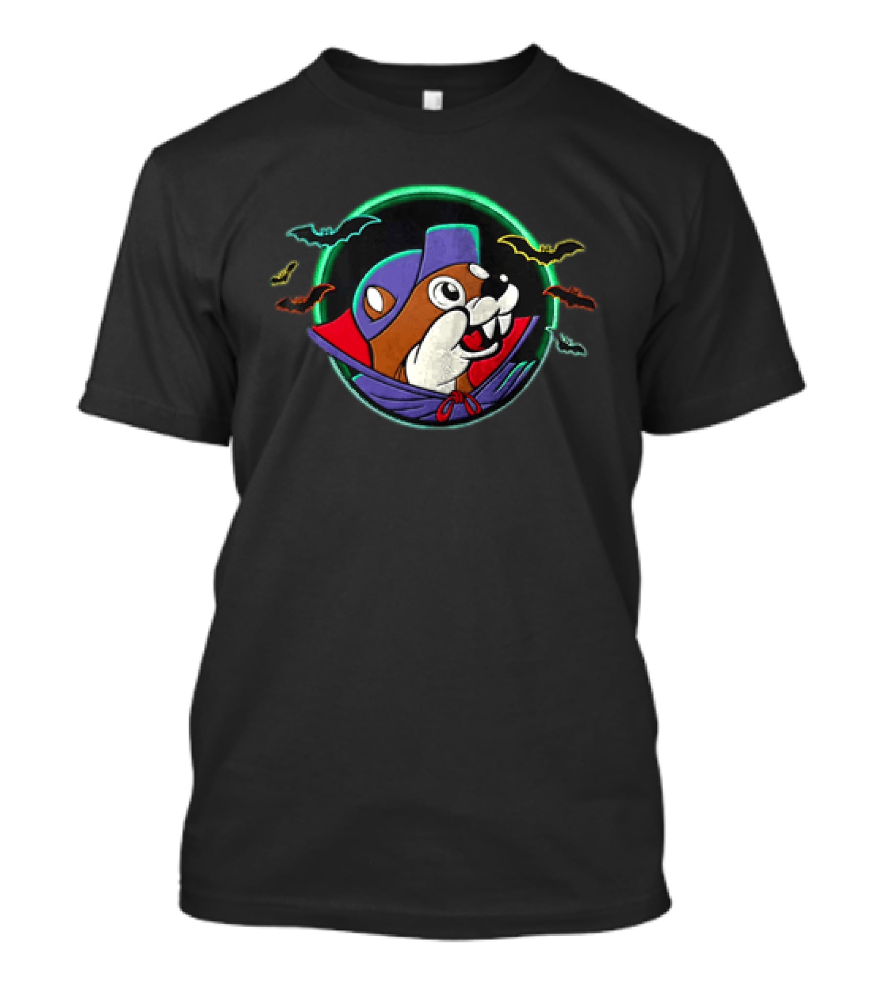 Buc Ee's Bucky The Beaver Halloween Vampire Costume Bats Decor 2 Sided T-Shirt