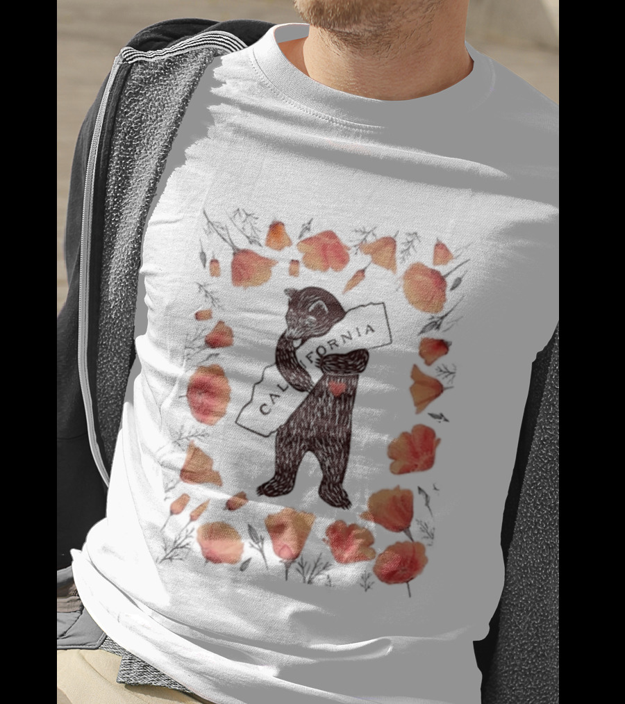 California Bear Hug With State Map And Poppies T-Shirt