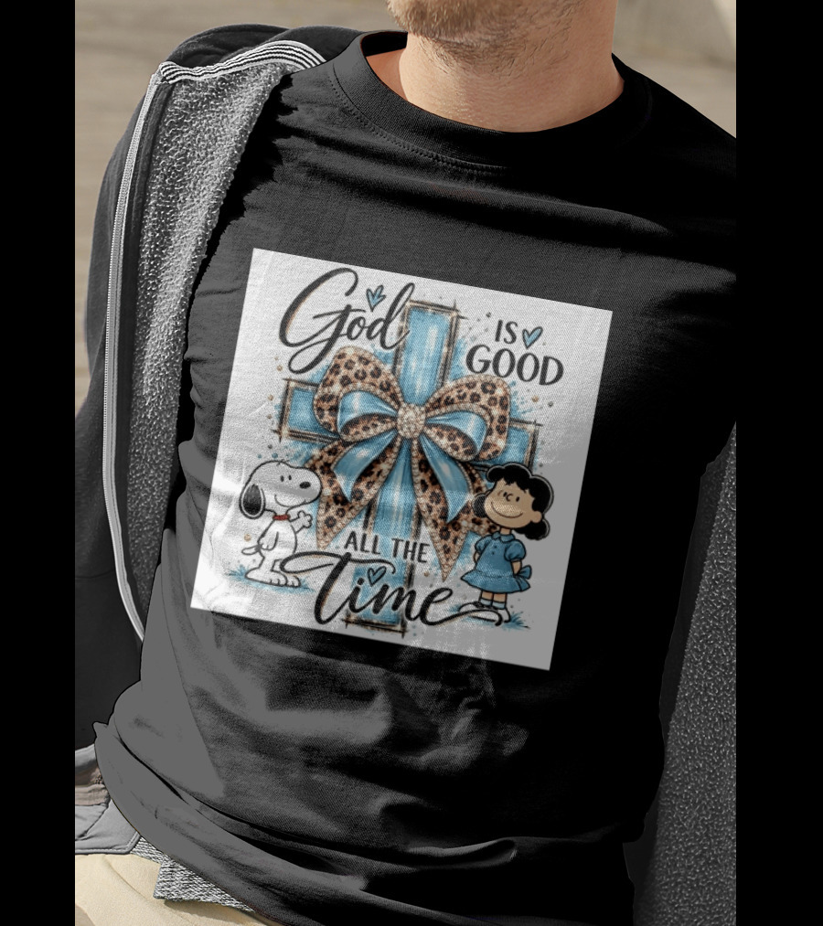 Snoopy And Lucy God Is Good All The Time Blue Cross And Leopard Bow T-Shirt