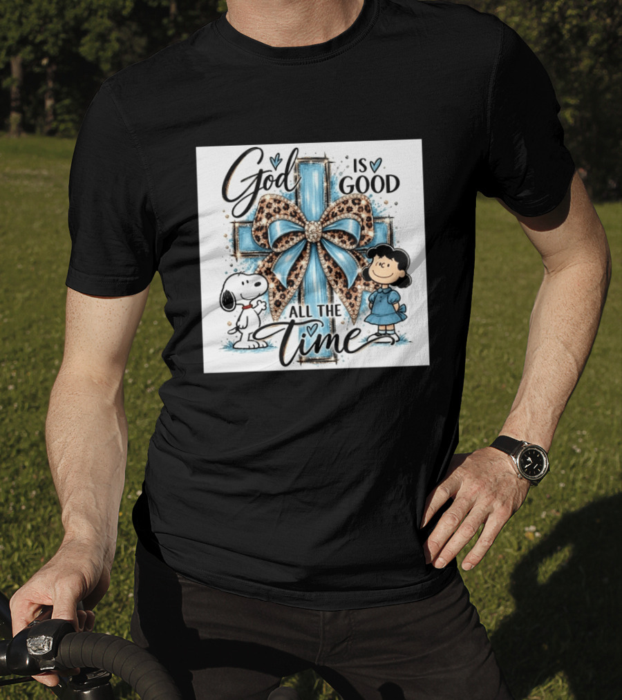 Snoopy And Lucy God Is Good All The Time Blue Cross And Leopard Bow T-Shirt