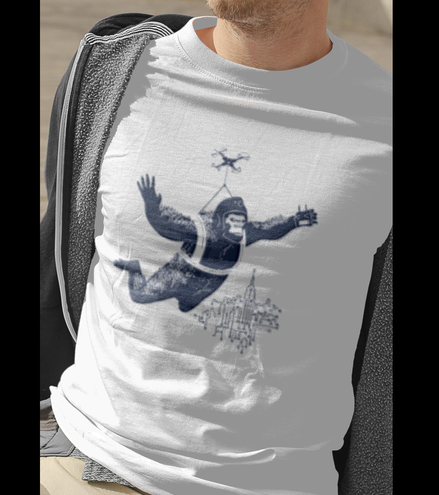 Gorilla Parachuting With Drone Over City Skyline T-Shirt